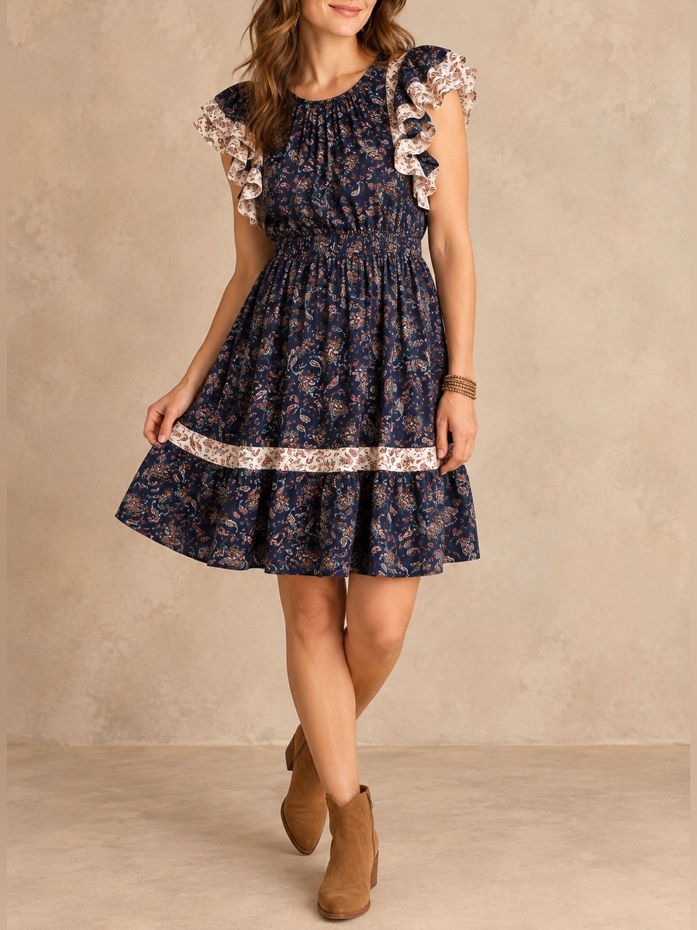 Maurices XL Navy Paisley Mixed Print Ruffle Sleeve Boho Fit & Flare Dress